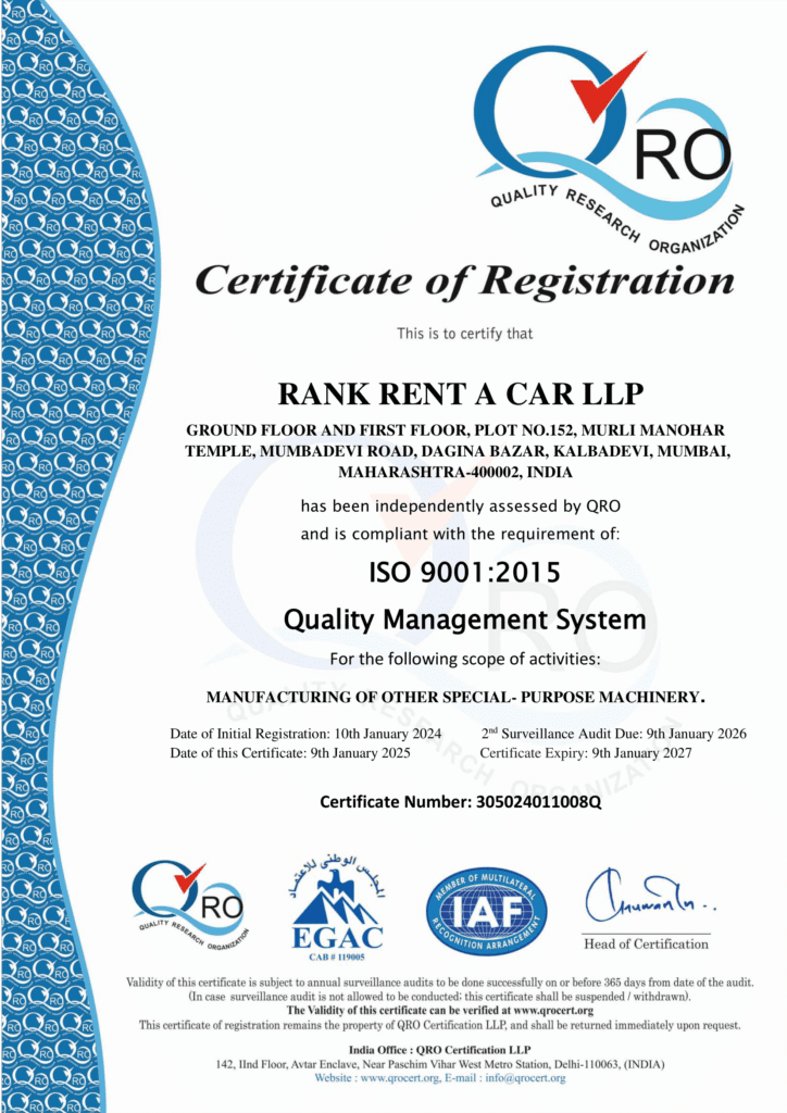 ISO 9001:2015 Quality Management System Certificate issued to Rank Rent A Car LLP by Quality Research Organization (QRO), India